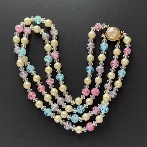 Vintage 1970's soft pink glass beaded necklace, with a dusting of gold